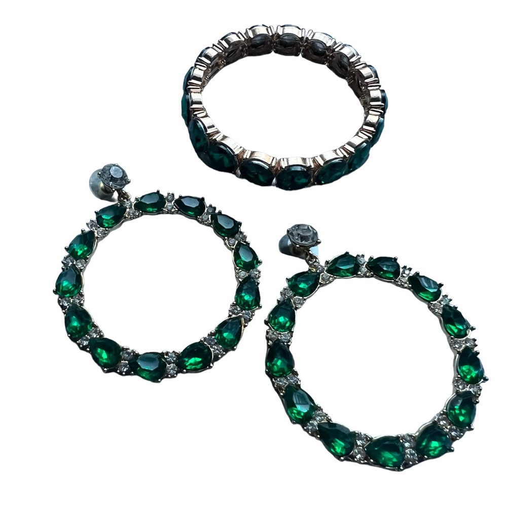 Gold Framed Emerald Green & Crystal Hoop Earring & Bracelet